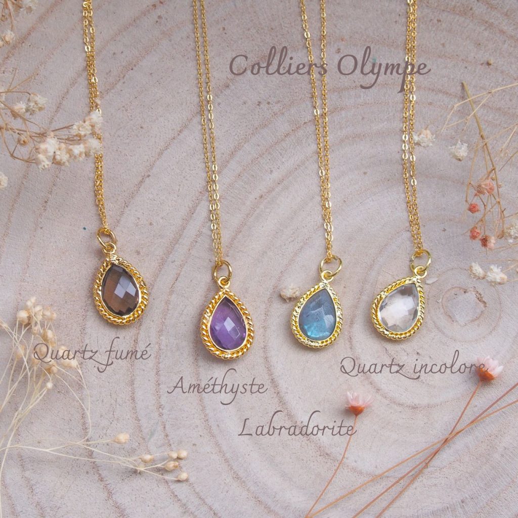 Colliers femme en laiton doré, quartz fumé, améthyste, labradorite et quartz incolore forme poire dans un serti torsadé monté sur chaîne argent doré-AlexBok gemmologue et créatrice de bijoux pour femme en pierres naturelles