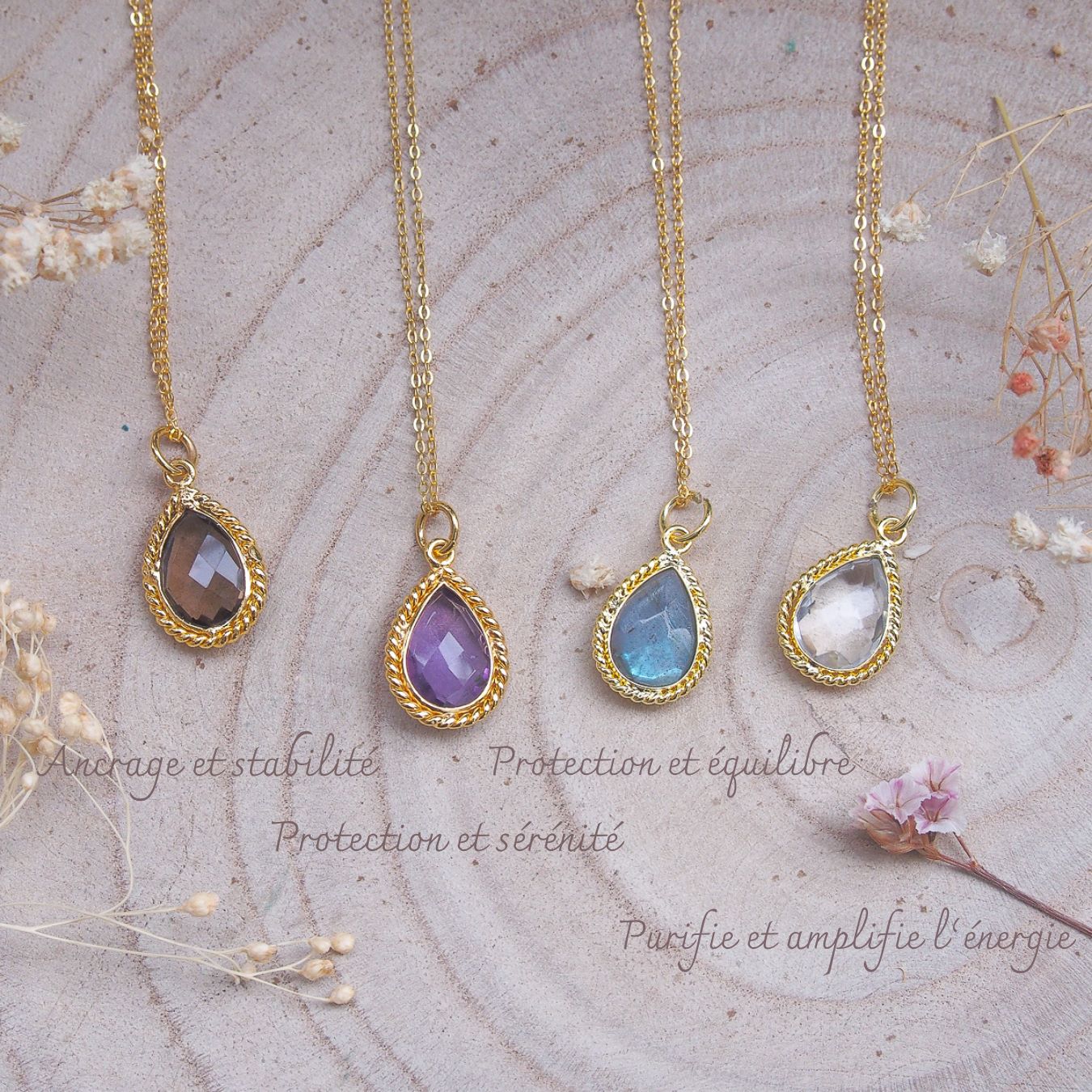 Colliers Olympe en laiton doré, quartz fumé, améthyste, labradorite et quartz incolore forme poire dans un serti torsadé monté sur chaîne argent doré