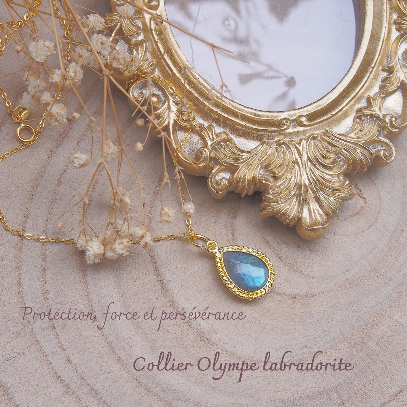 Collier femme en laiton doré et labradorite forme poire dans un serti torsadé monté sur chaîne argent doré-AlexBok gemmologue et créatrice de bijoux pour femme en pierres naturelles