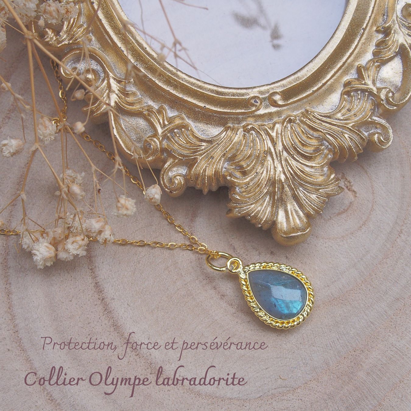 Collier Olympe en laiton doré et labradorite forme poire dans un serti torsadé monté sur chaîne argent doré