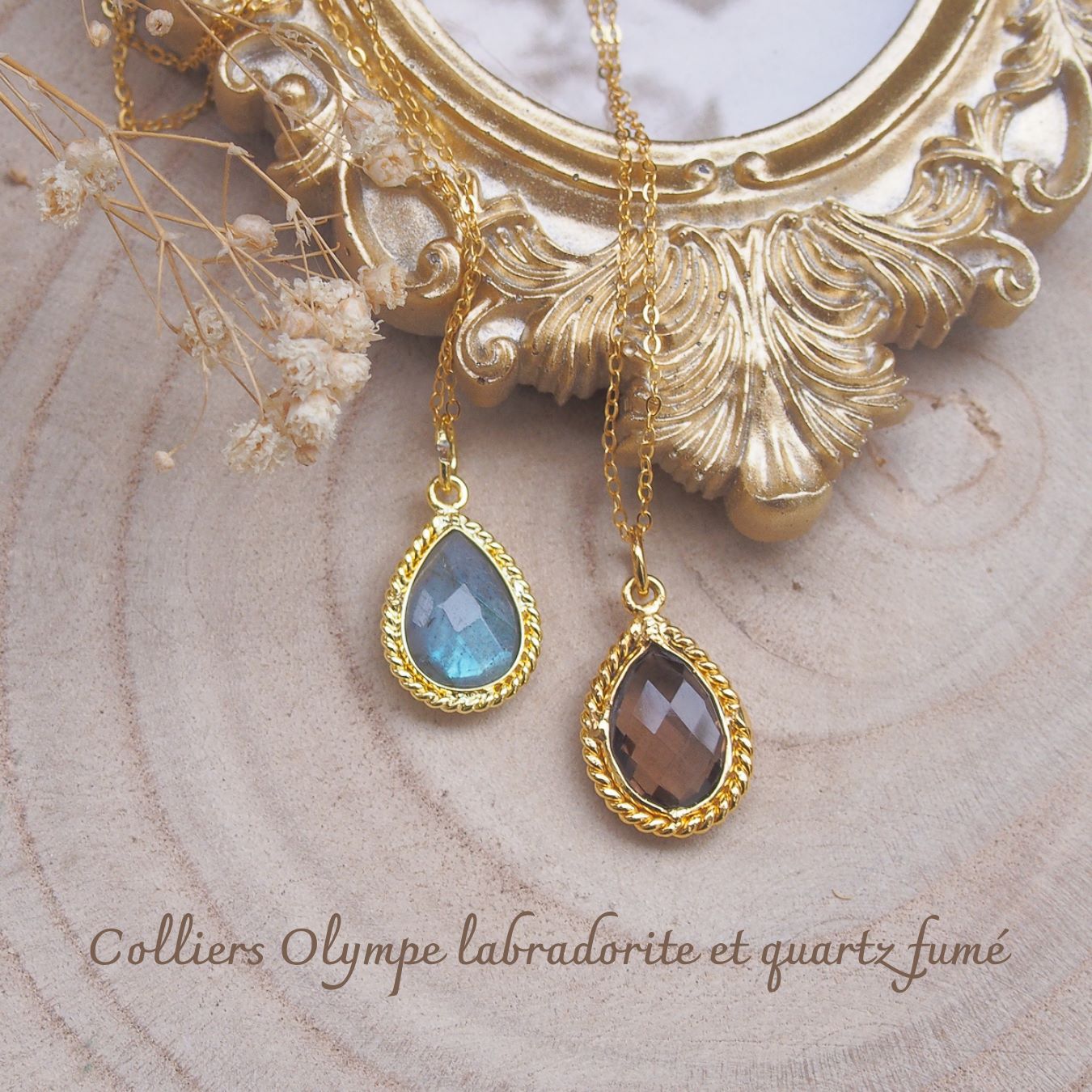Colliers Olympe en laiton doré, labradorite et quartz fumé forme poire dans un serti torsadé monté sur chaîne argent doré