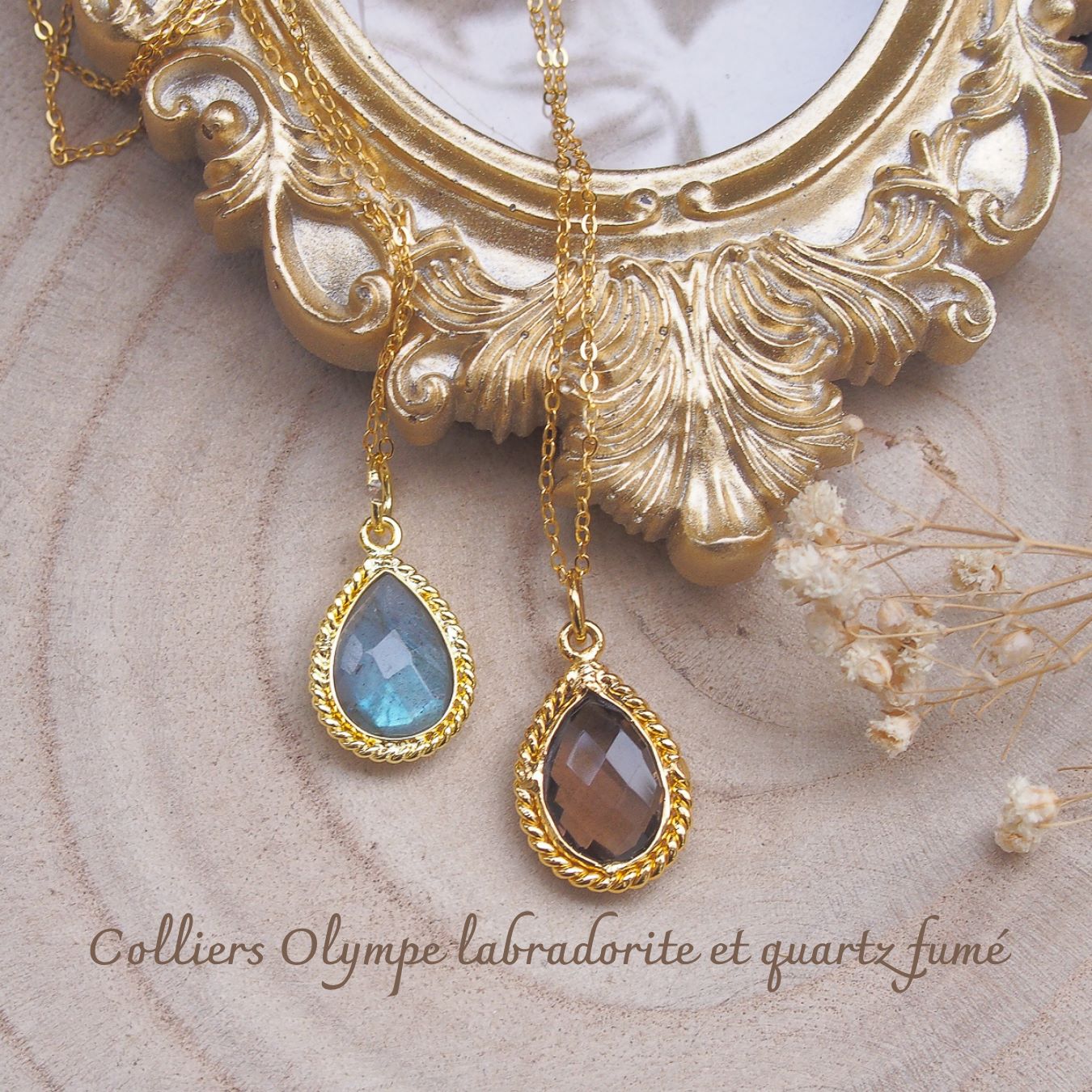 Colliers Olympe en laiton doré, labradorite et quartz fumé forme poire dans un serti torsadé monté sur chaîne argent doré