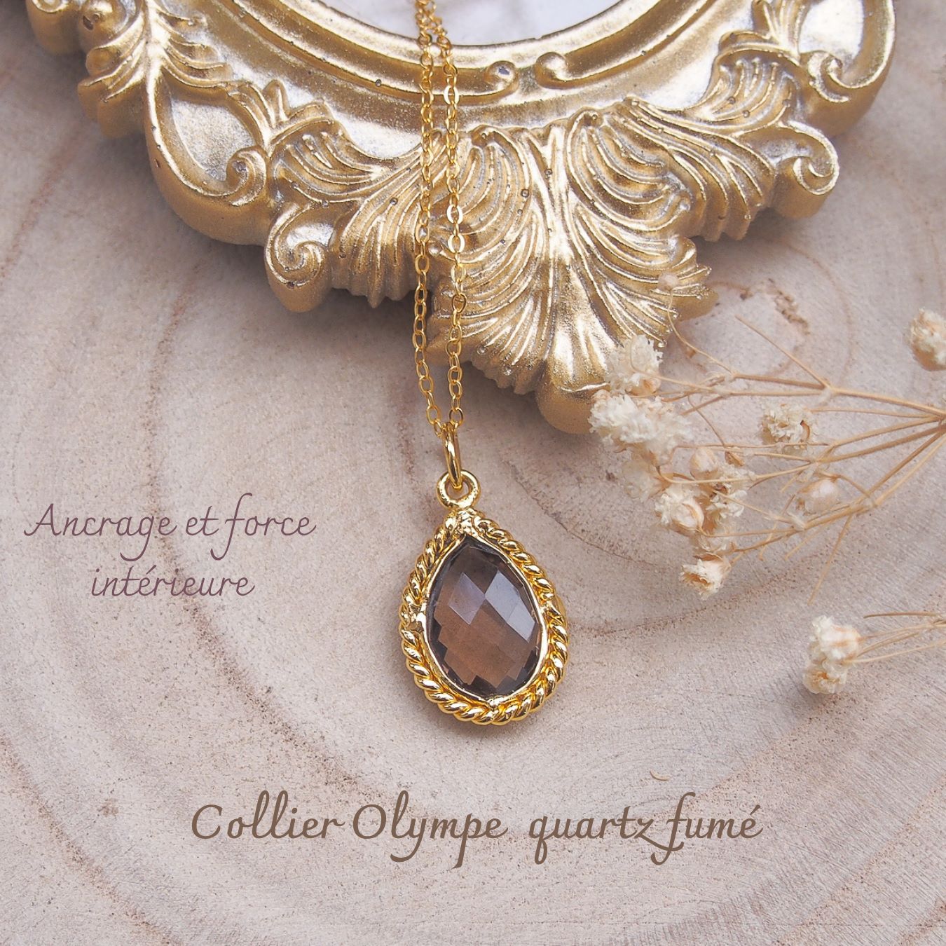 Collier Olympe en laiton doré et quartz fumé forme poire dans un serti torsadé monté sur chaîne argent doré