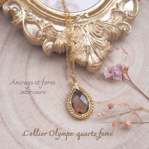 Collier femme en laiton doré et quartz fumé forme poire dans un serti torsadé monté sur chaîne argent doré-AlexBok gemmologue et créatrice de bijoux pour femme en pierres naturelles