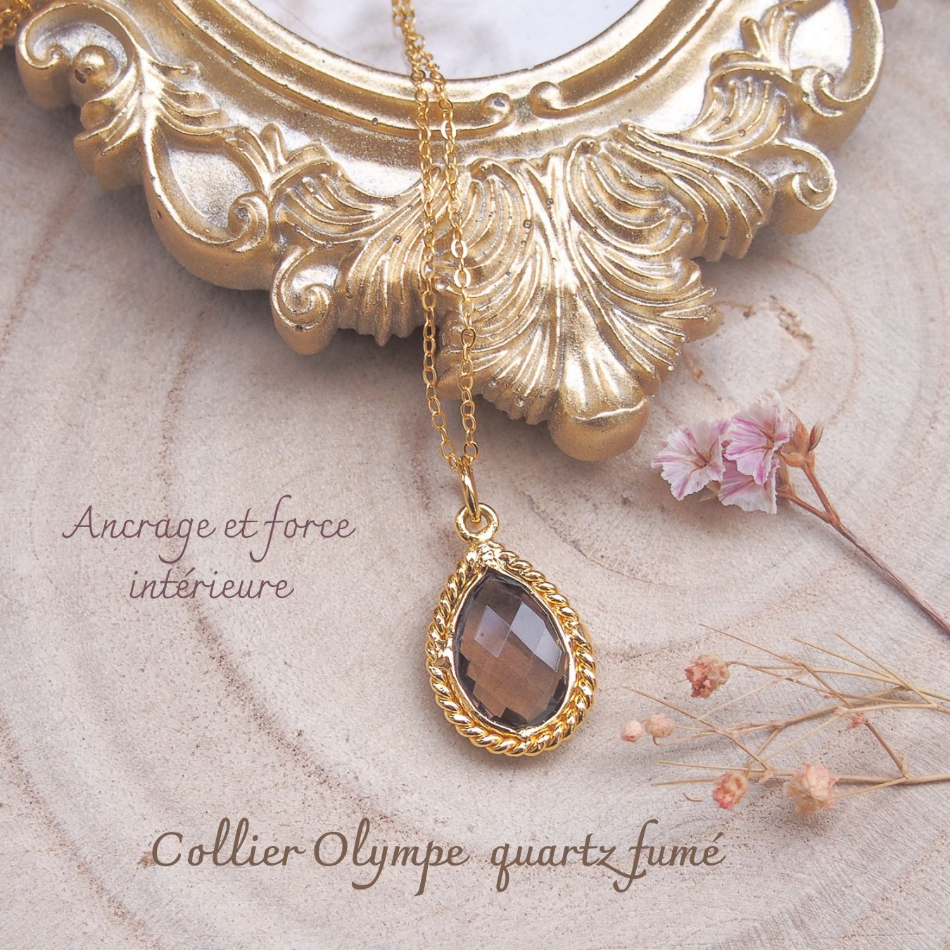 Collier femme en laiton doré et quartz fumé forme poire dans un serti torsadé monté sur chaîne argent doré-AlexBok gemmologue et créatrice de bijoux pour femme en pierres naturelles