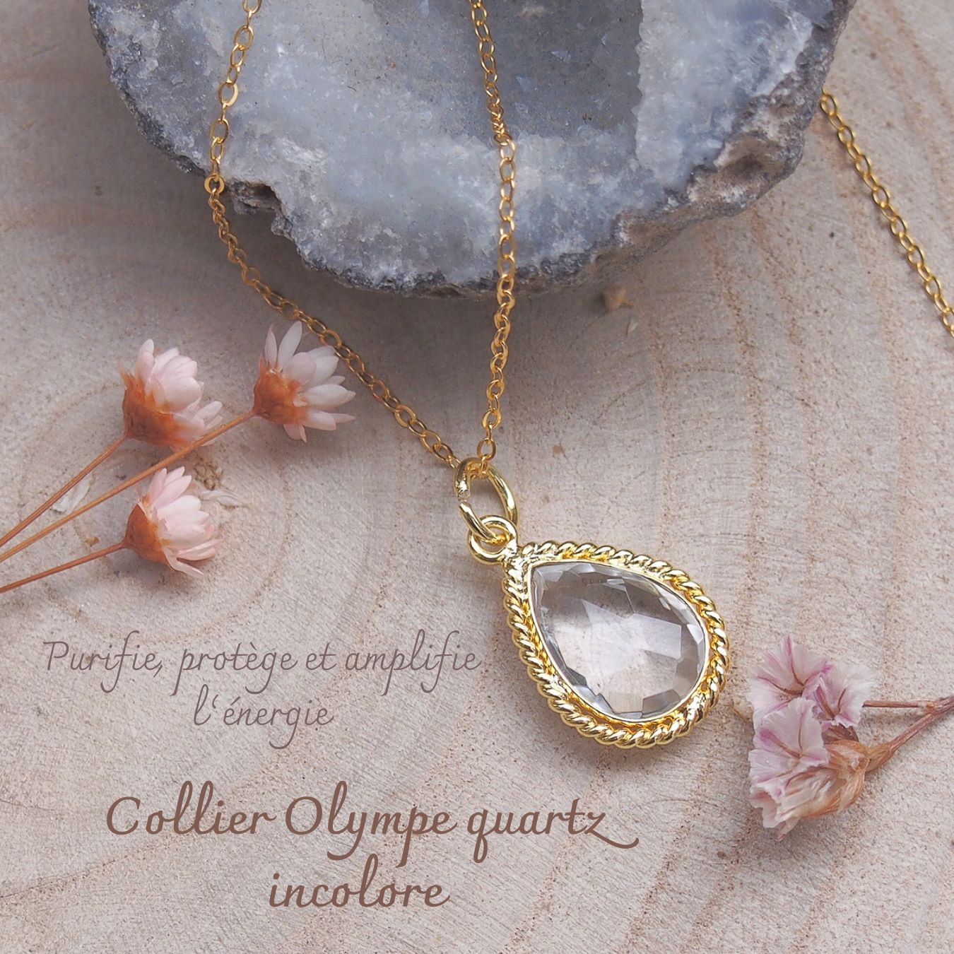 Collier Olympe en laiton doré et quartz incolore forme poire dans un serti torsadé monté sur chaîne argent doré