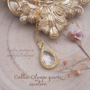 Collier femme en laiton doré et quartz incolore forme poire dans un serti torsadé monté sur chaîne argent doré-AlexBok gemmologue et créatrice de bijoux pour femme en pierres naturelles