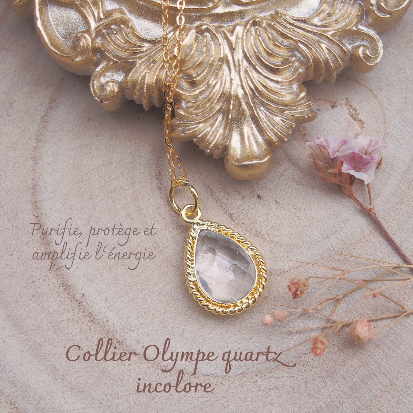 Collier femme en laiton doré et quartz incolore forme poire dans un serti torsadé monté sur chaîne argent doré-AlexBok gemmologue et créatrice de bijoux pour femme en pierres naturelles