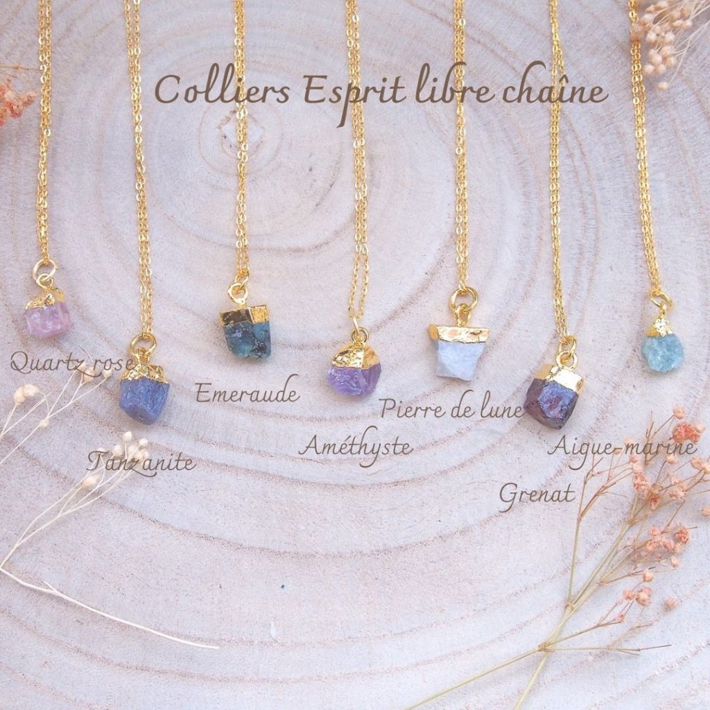 Pendentifs pour femme sertis de pierres naturelles brutes montées sur cuivre doré avec quartz rose, tanzanite, émeraude, améthyste, pierre de lune, grenat et aigue marine sur chaîne argent doré