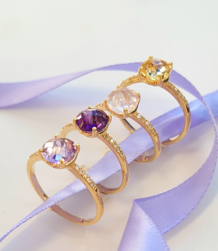 Bagues pour femme en argent 925 doré or jaune et sertie de pierres fines naturelles ( améthyste lavande, améthyste, quartz rose et citrine)-AlexBok gemmologue et créatrice de bijoux pour femme en pierres naturelles